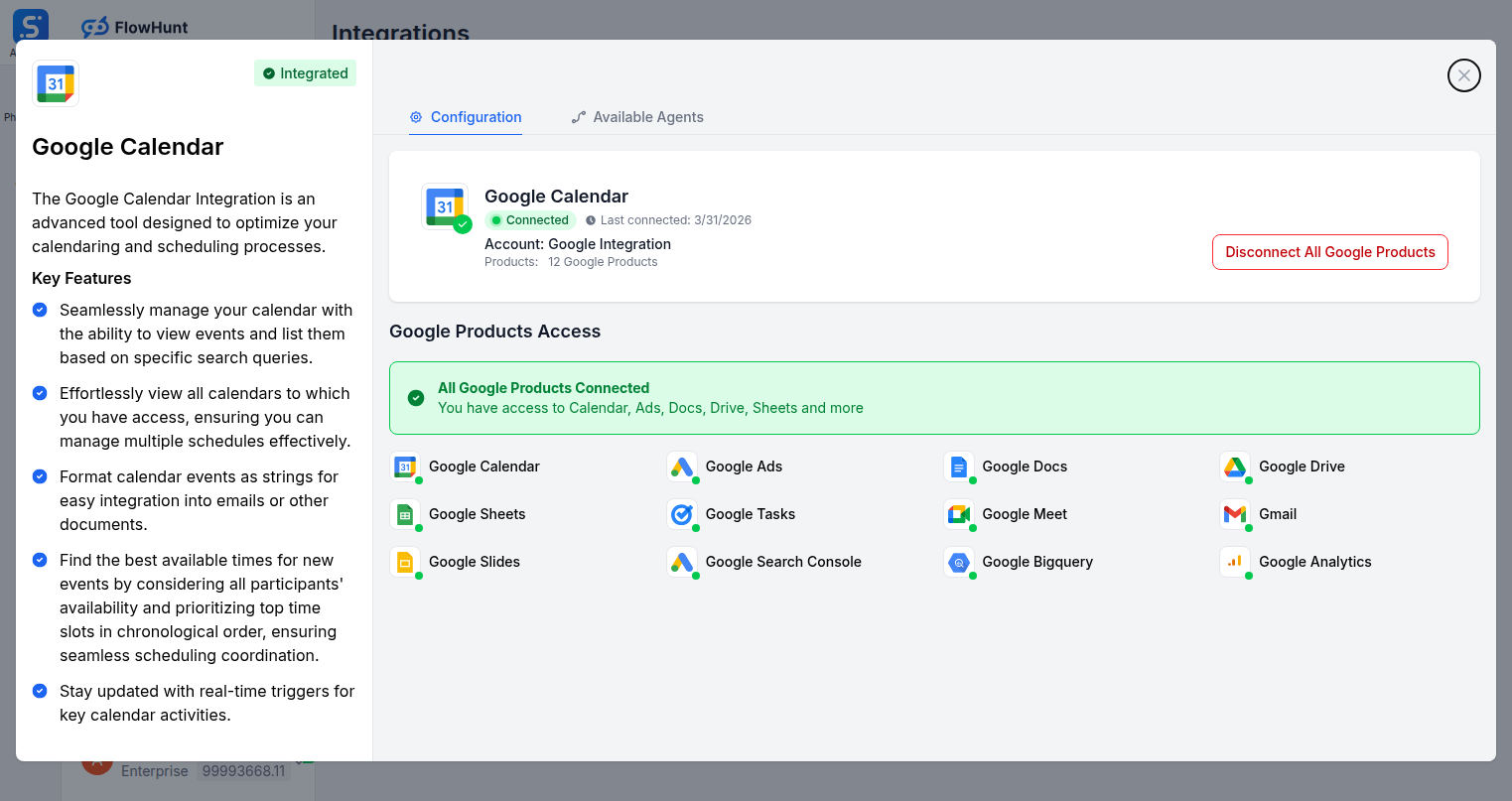Google Calendar OAuth connection dialog in FlowHunt