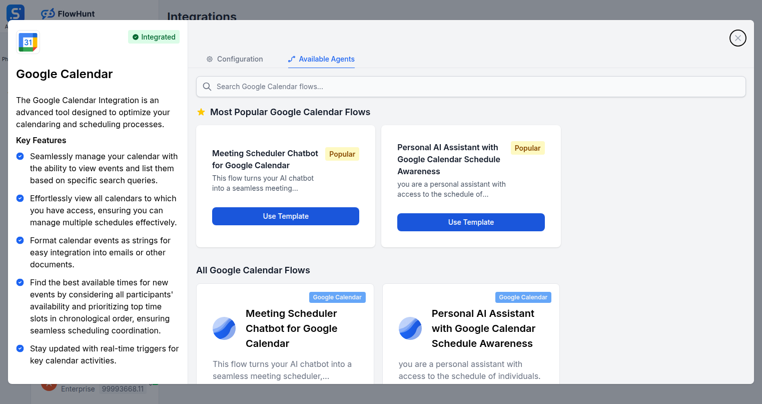 Available agents tab showing Google Calendar flows