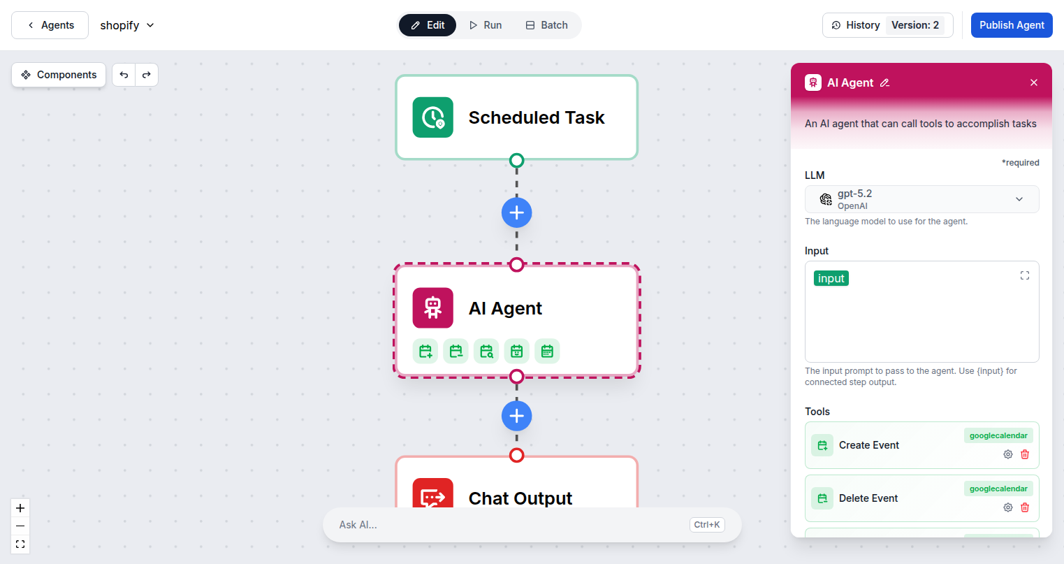 Google Calendar tools loaded in FlowHunt AI Agent