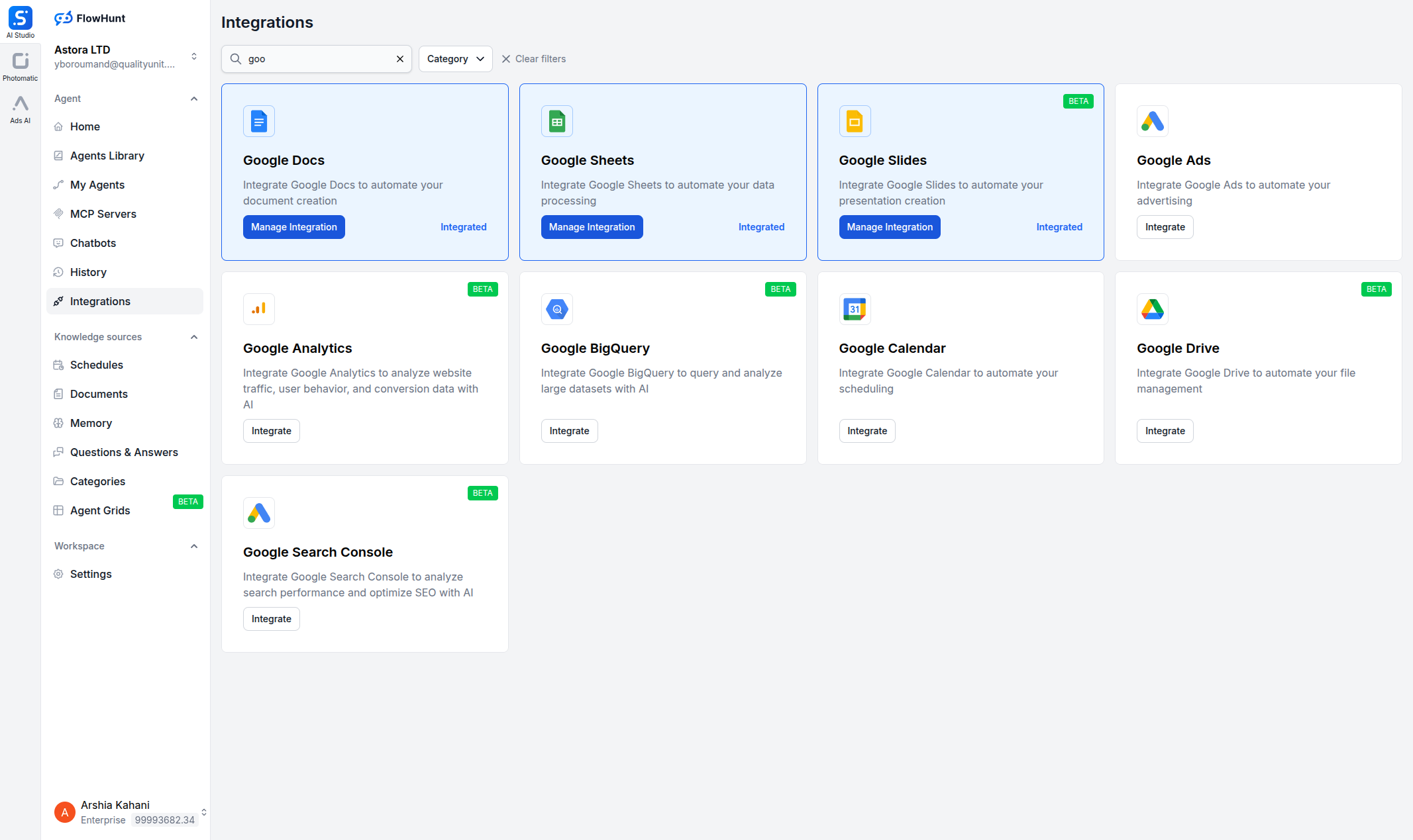 FlowHunt integrations page showing Google Docs