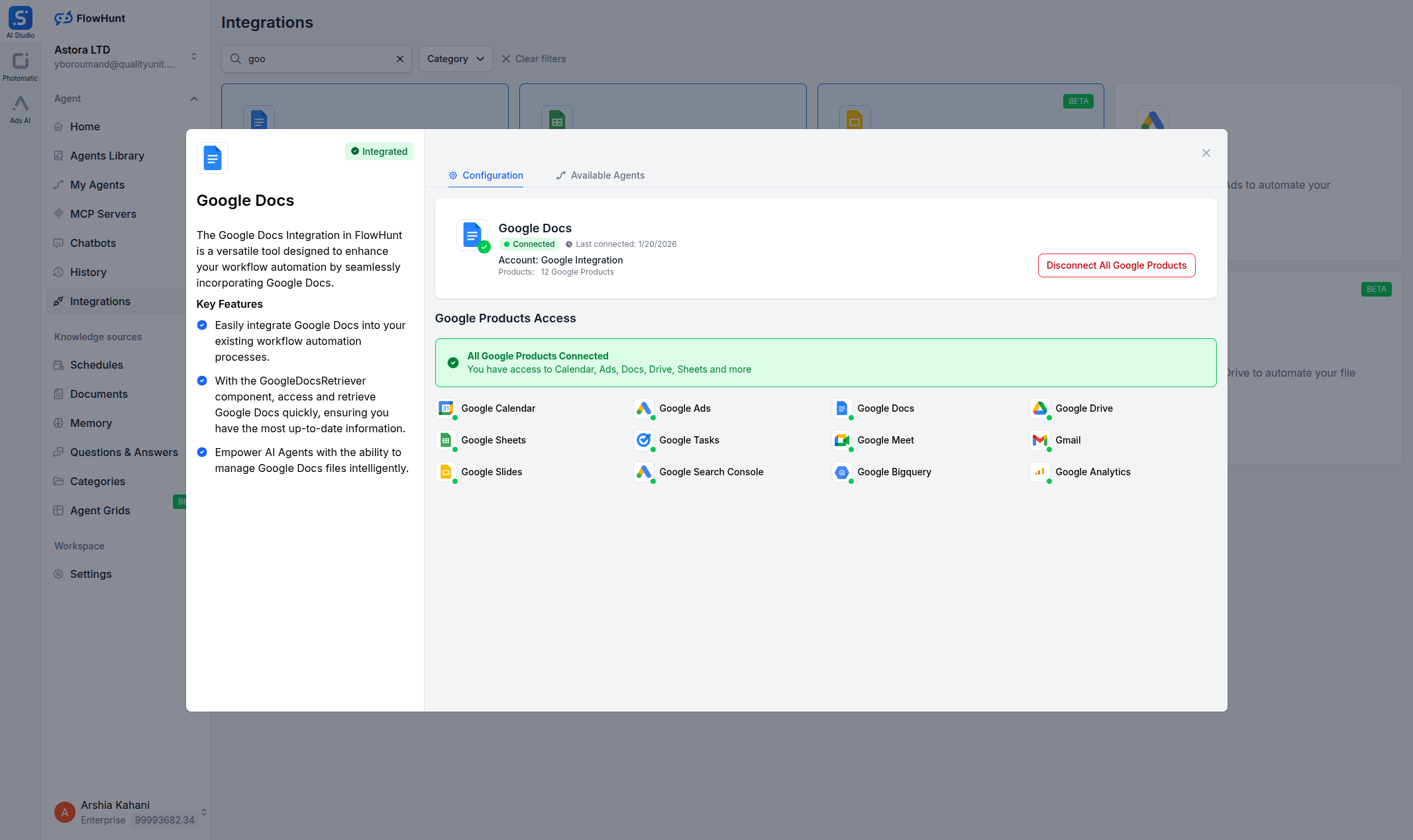 FlowHunt Google Docs integration connected