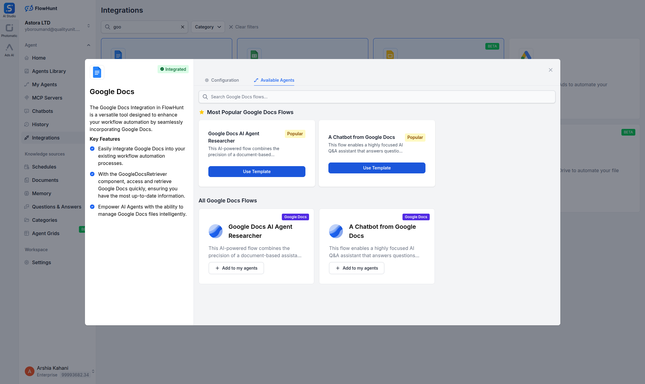 FlowHunt Google Docs integration available agents tab