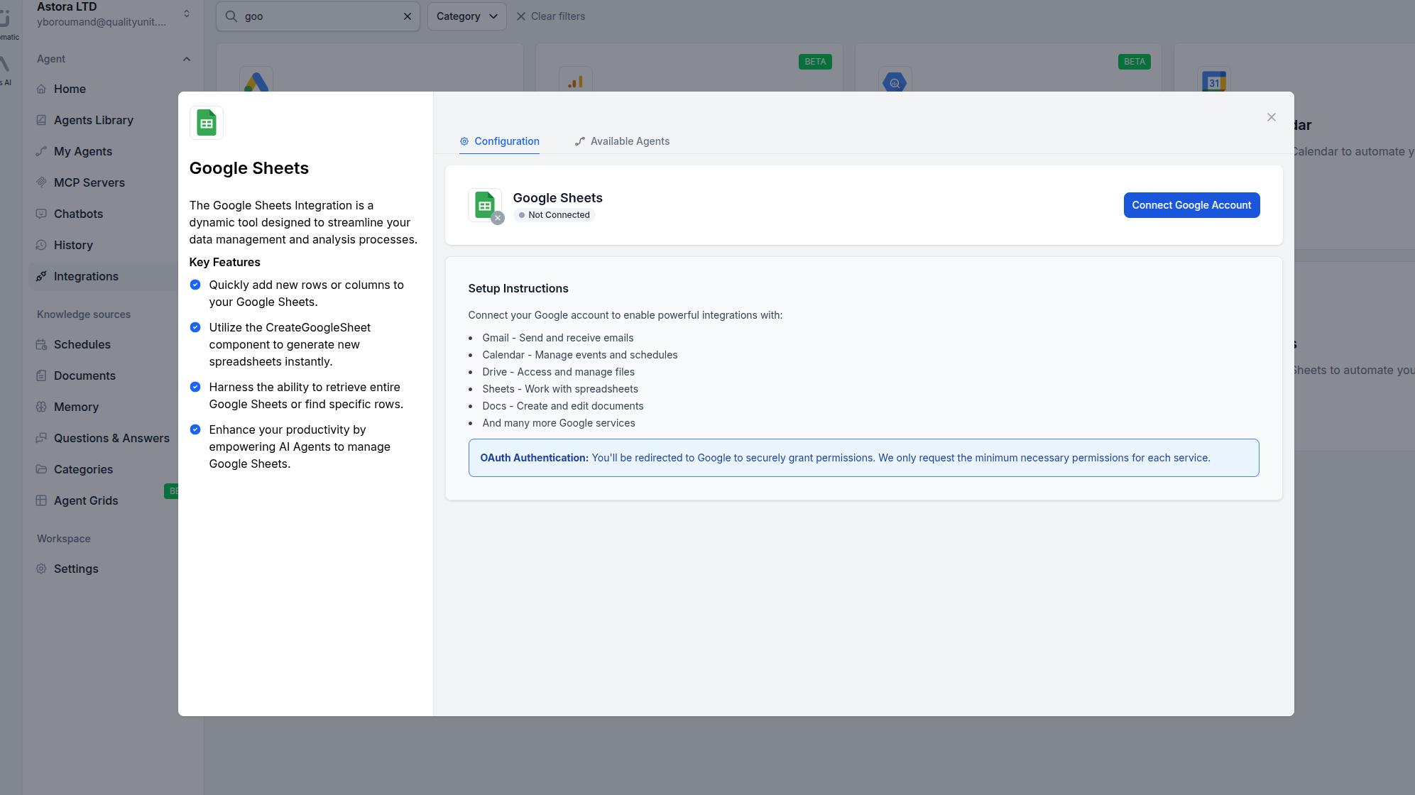 FlowHunt integrations page showing Google Sheets