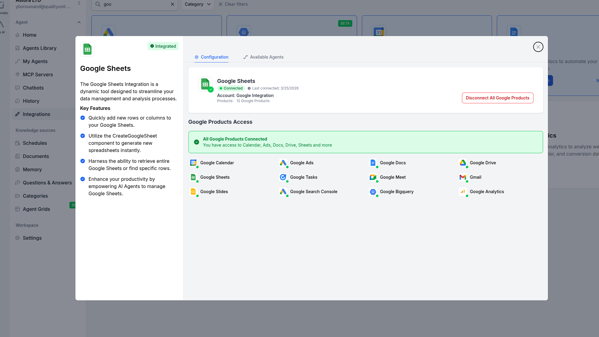 FlowHunt Google Sheets integration connected