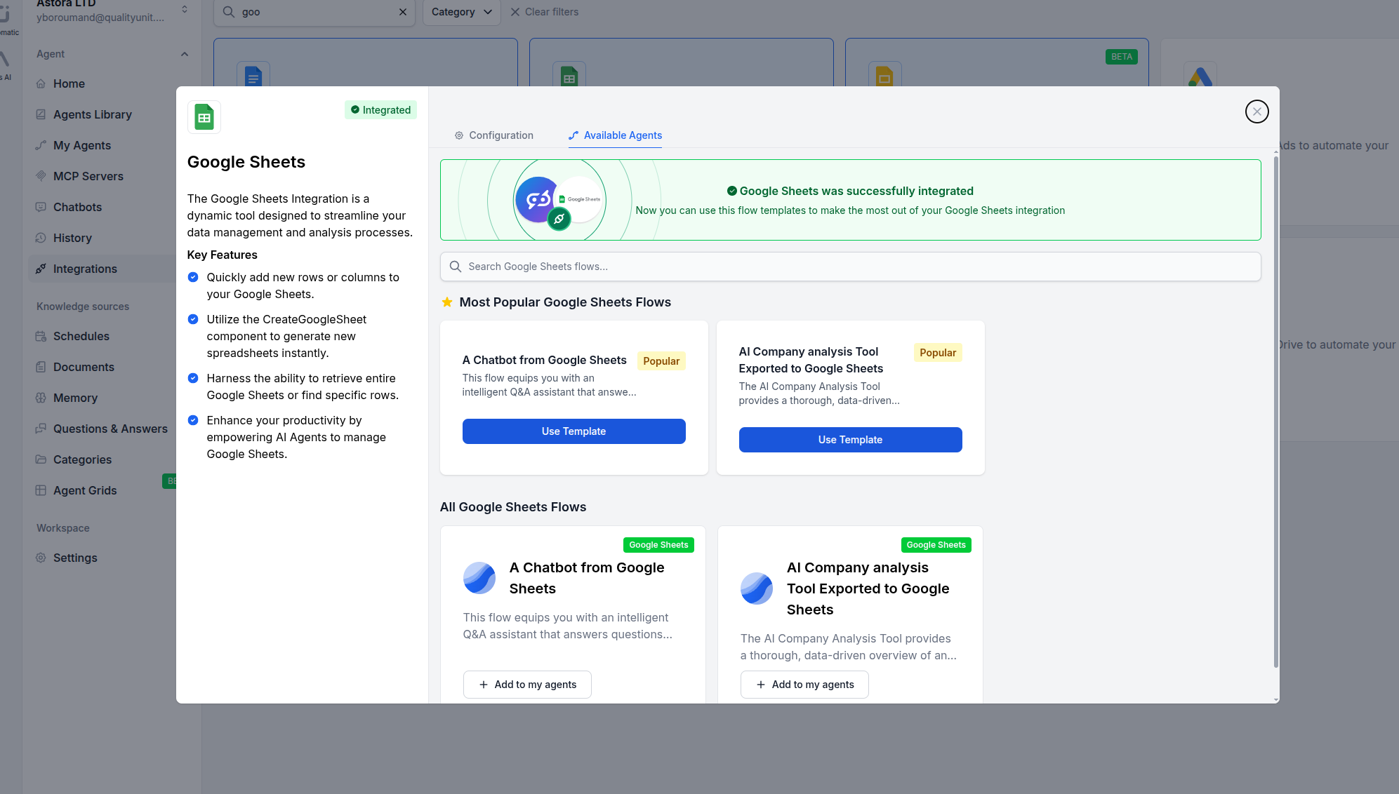FlowHunt Google Sheets integration available agents tab
