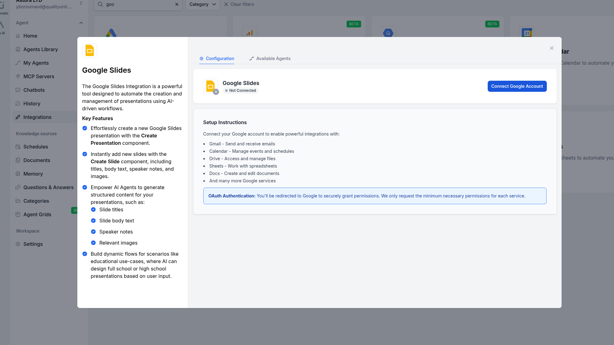 FlowHunt integrations page showing Google Slides
