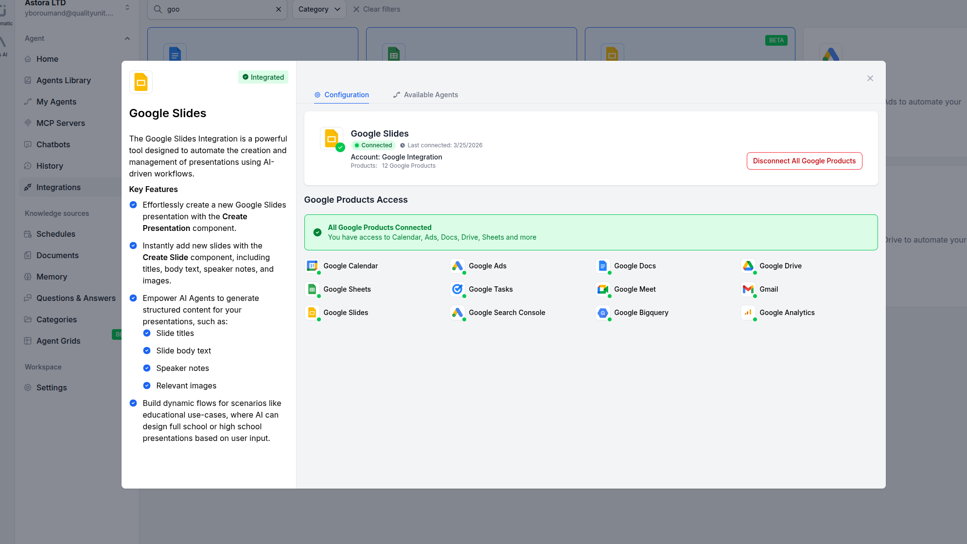 FlowHunt Google Slides integration connected