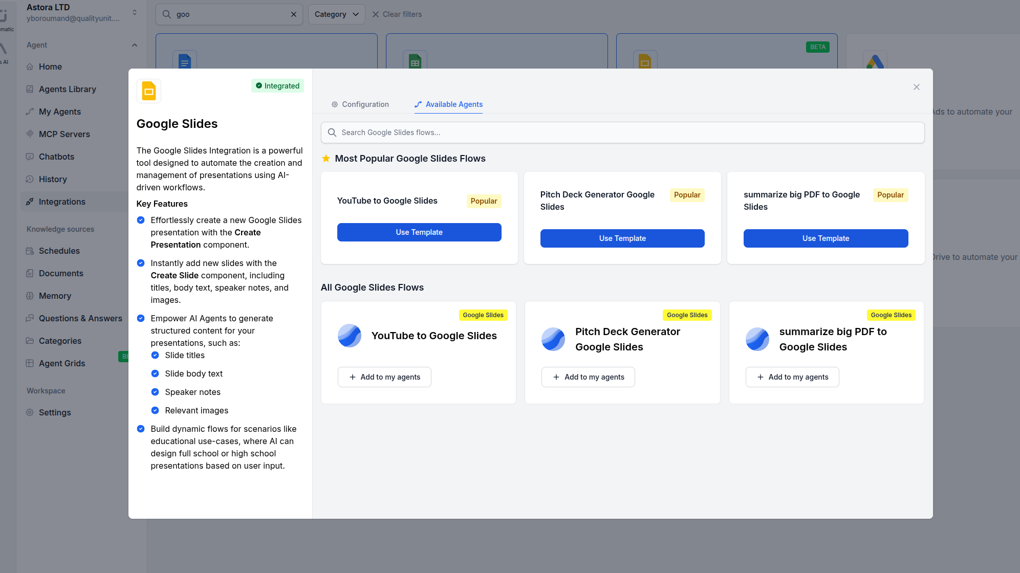 FlowHunt Google Slides integration available agents tab
