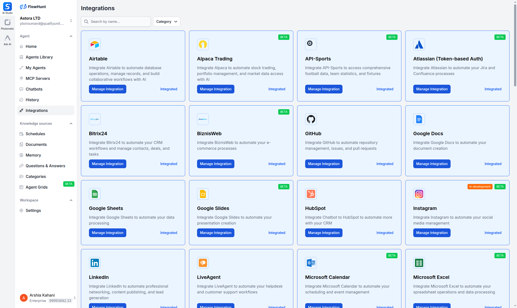 FlowHunt integrations page showing HubSpot