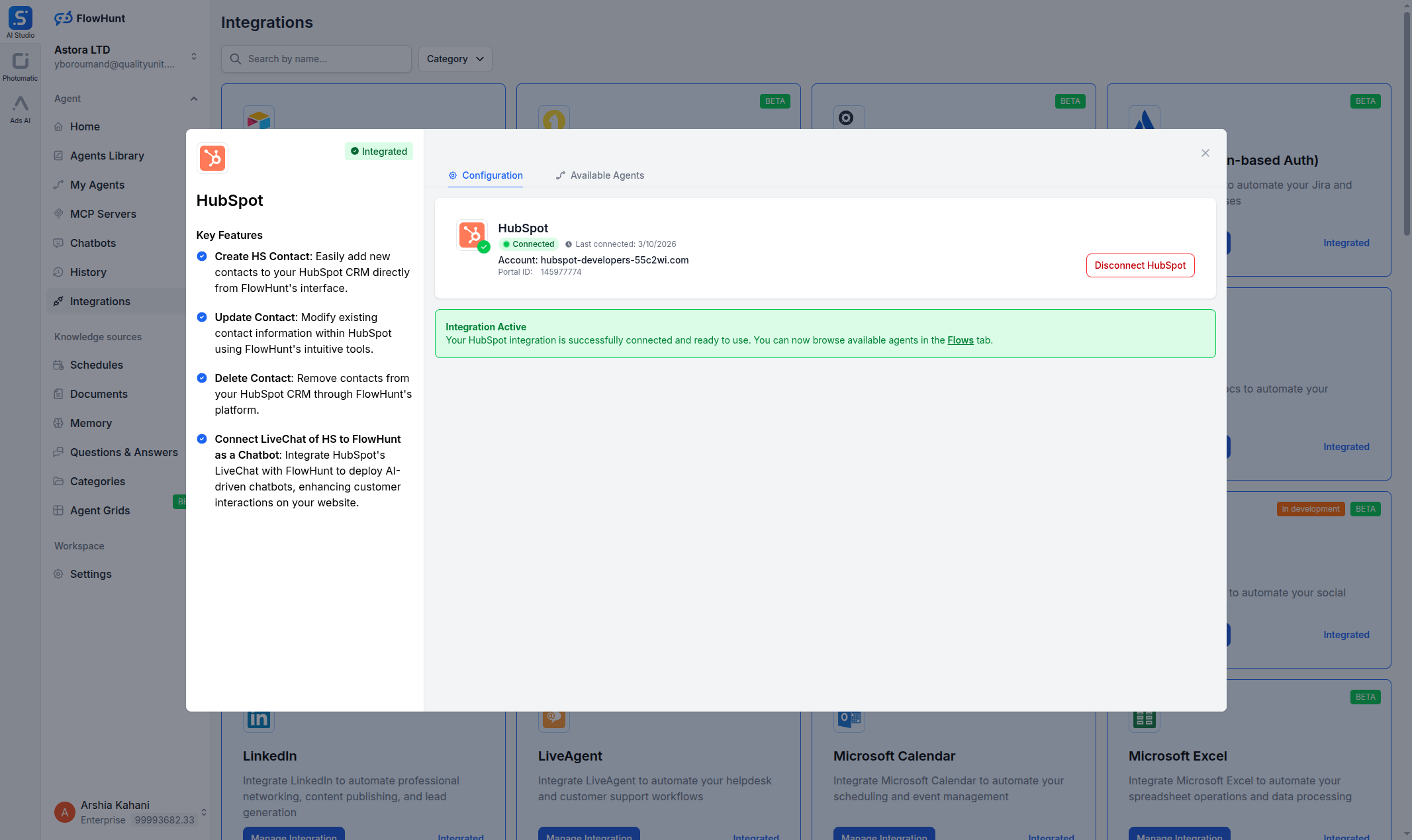 FlowHunt HubSpot integration connected
