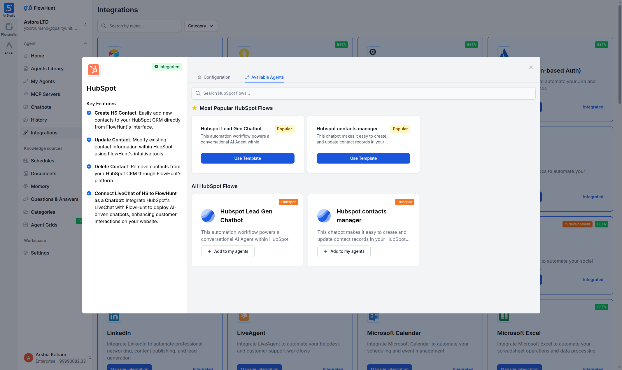 FlowHunt HubSpot integration available agents tab