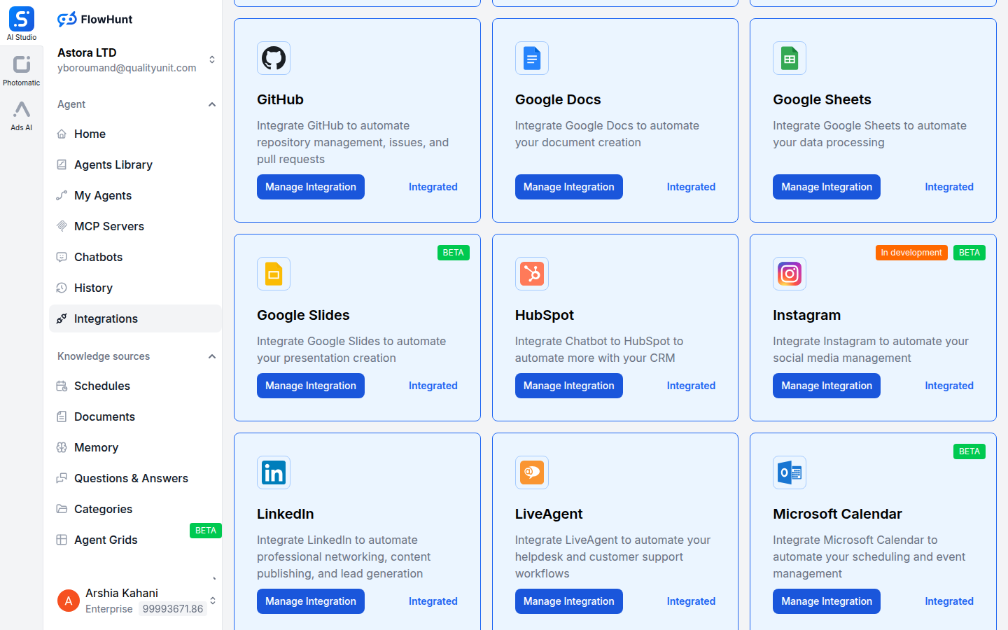 FlowHunt integrations page showing Instagram
