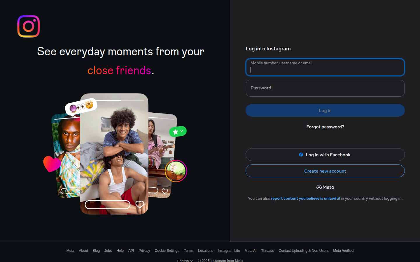 Instagram login page