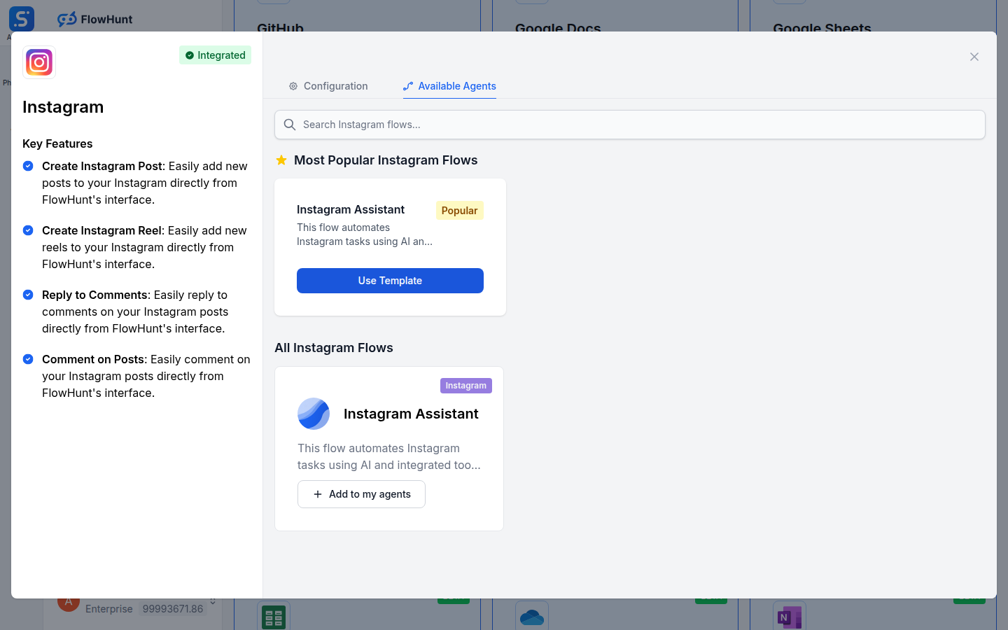 FlowHunt Instagram integration available agents tab