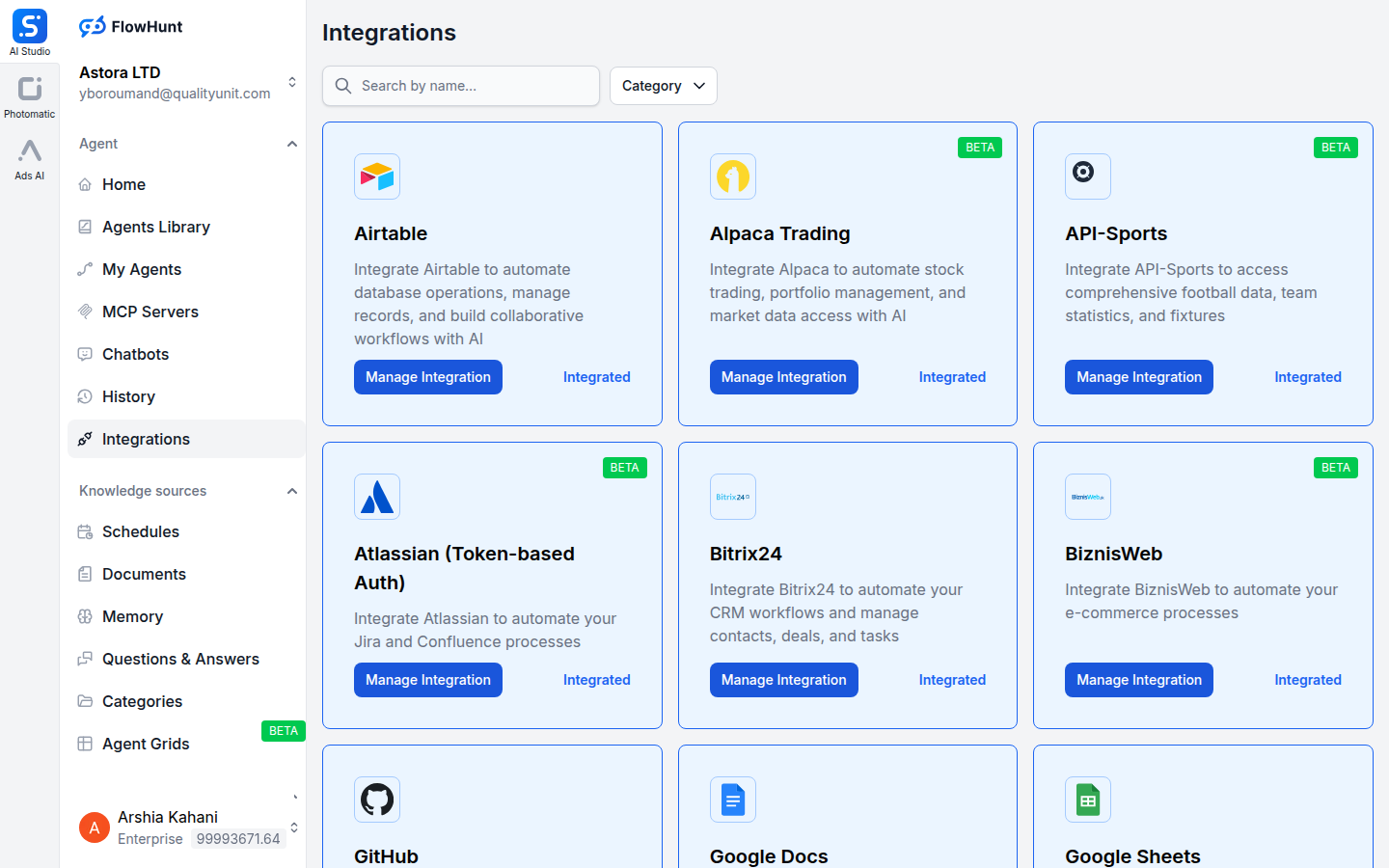 FlowHunt integrations page showing LinkedIn
