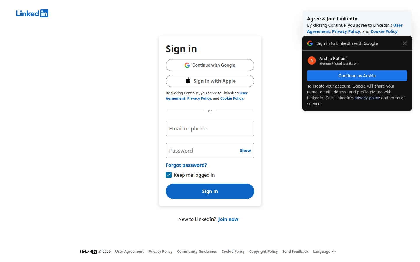LinkedIn login page