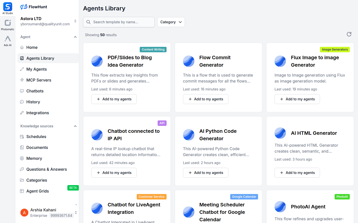 FlowHunt LinkedIn integration available agents tab