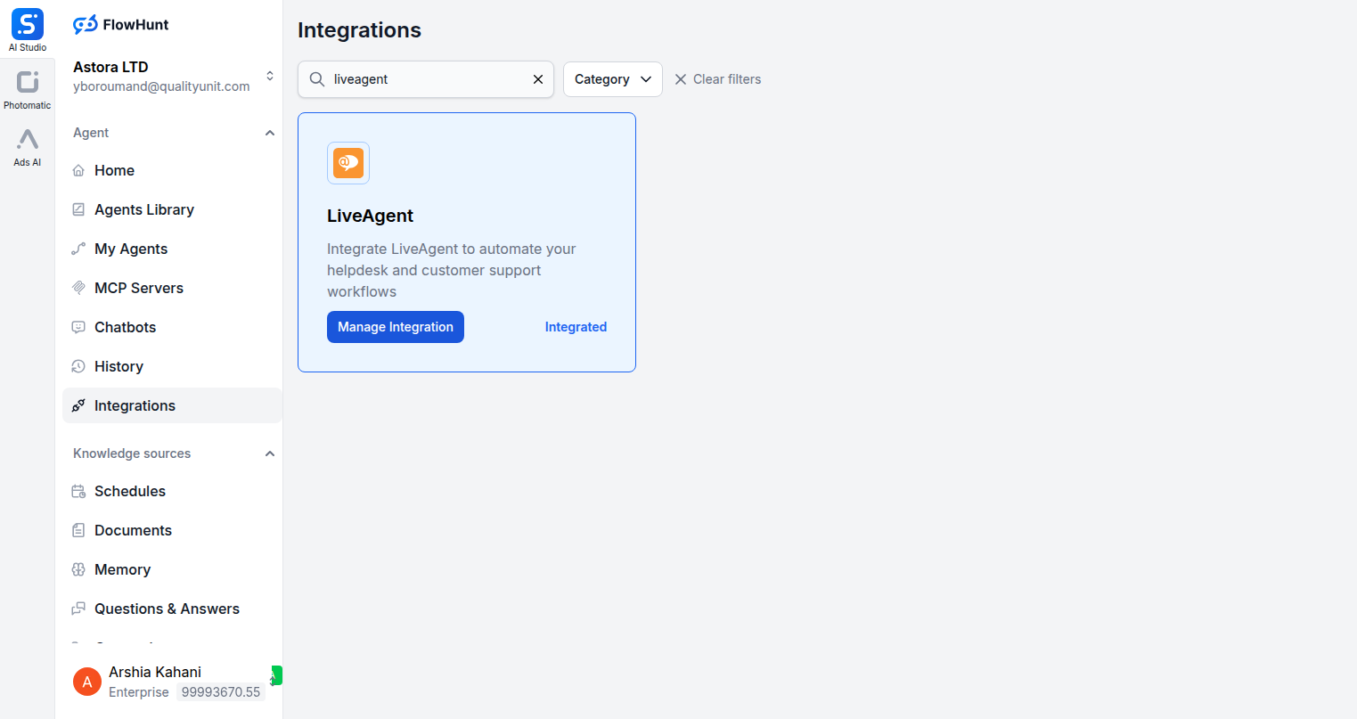 FlowHunt integrations page showing LiveAgent