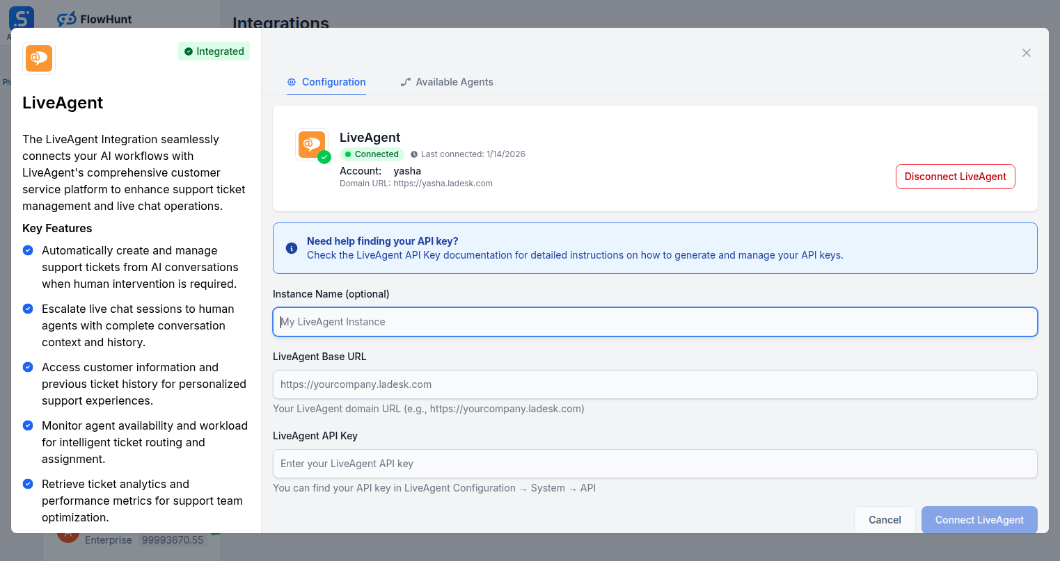 LiveAgent integration configuration tab in FlowHunt