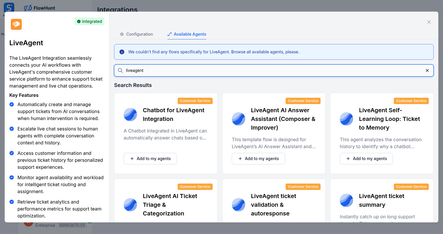 Available Agents tab showing LiveAgent flows in FlowHunt