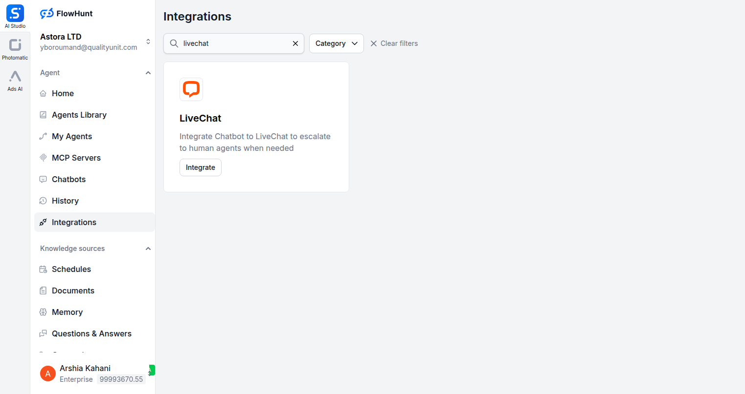 FlowHunt integrations page showing LiveChat
