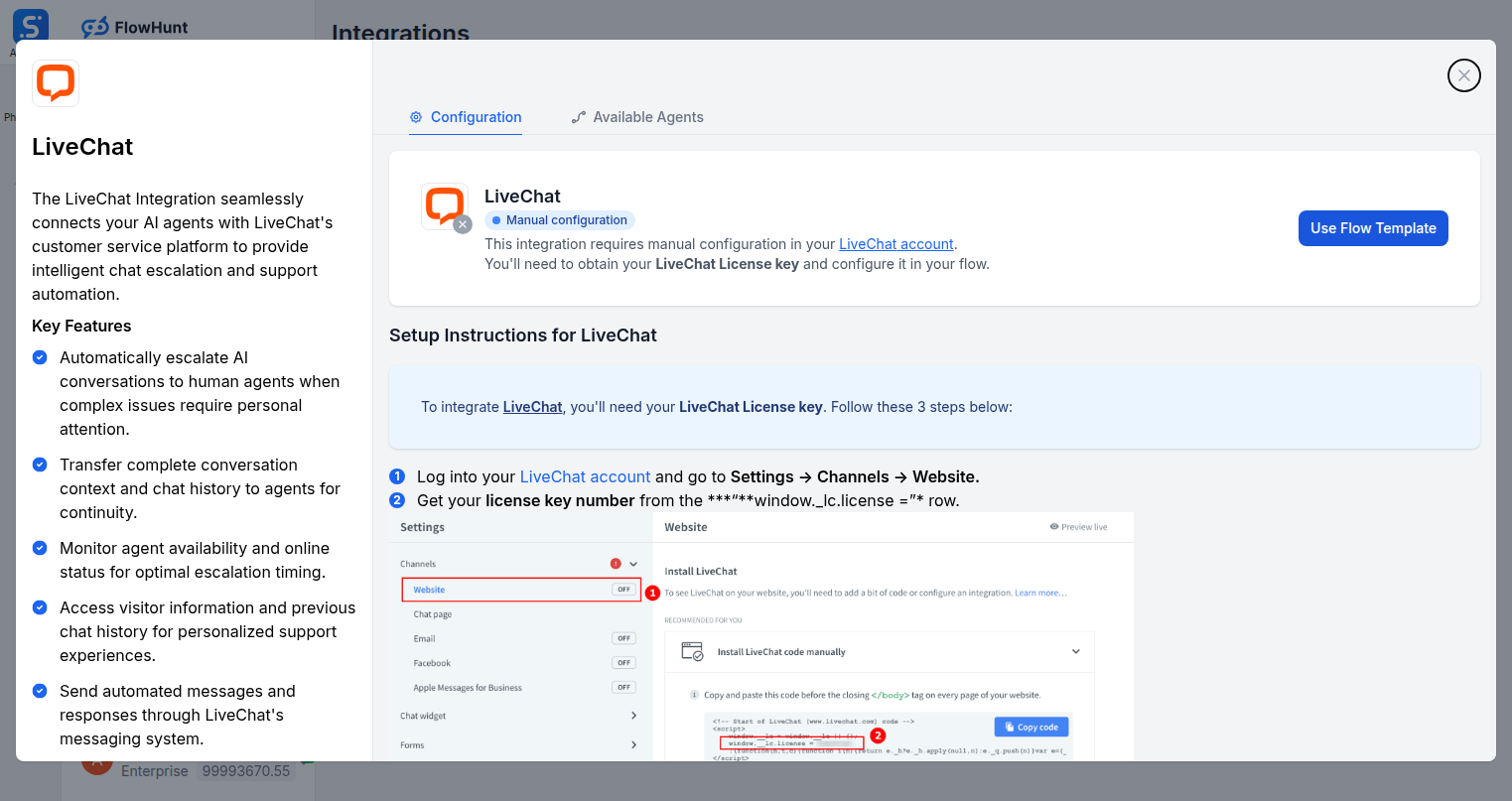 LiveChat integration configuration tab in FlowHunt