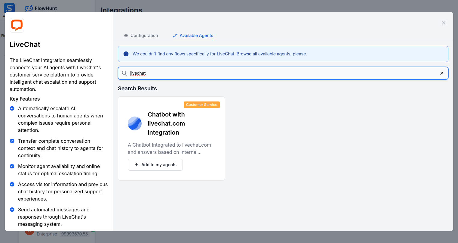 Available Agents tab showing LiveChat flows in FlowHunt