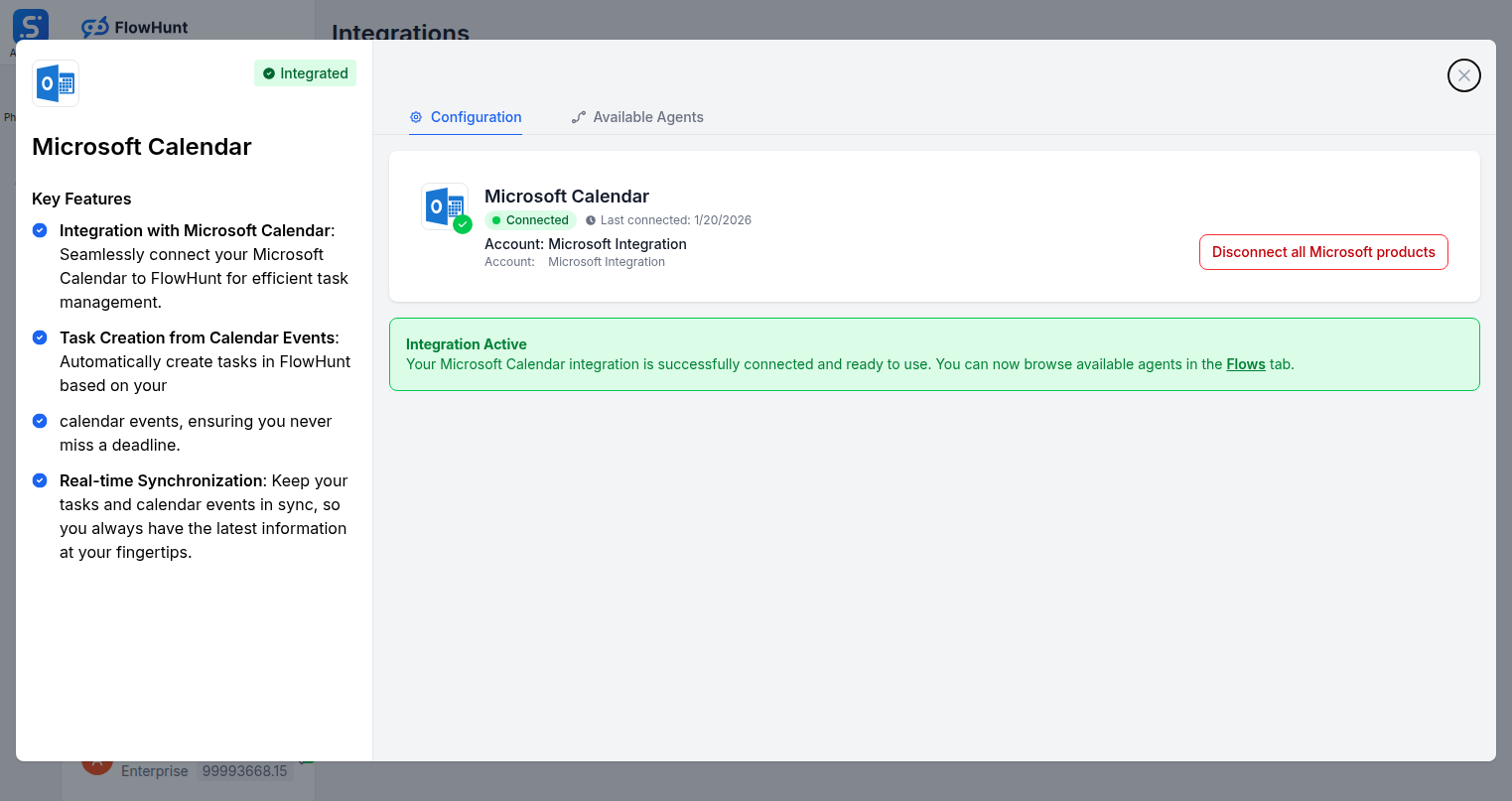 Microsoft Calendar integration configuration tab in FlowHunt