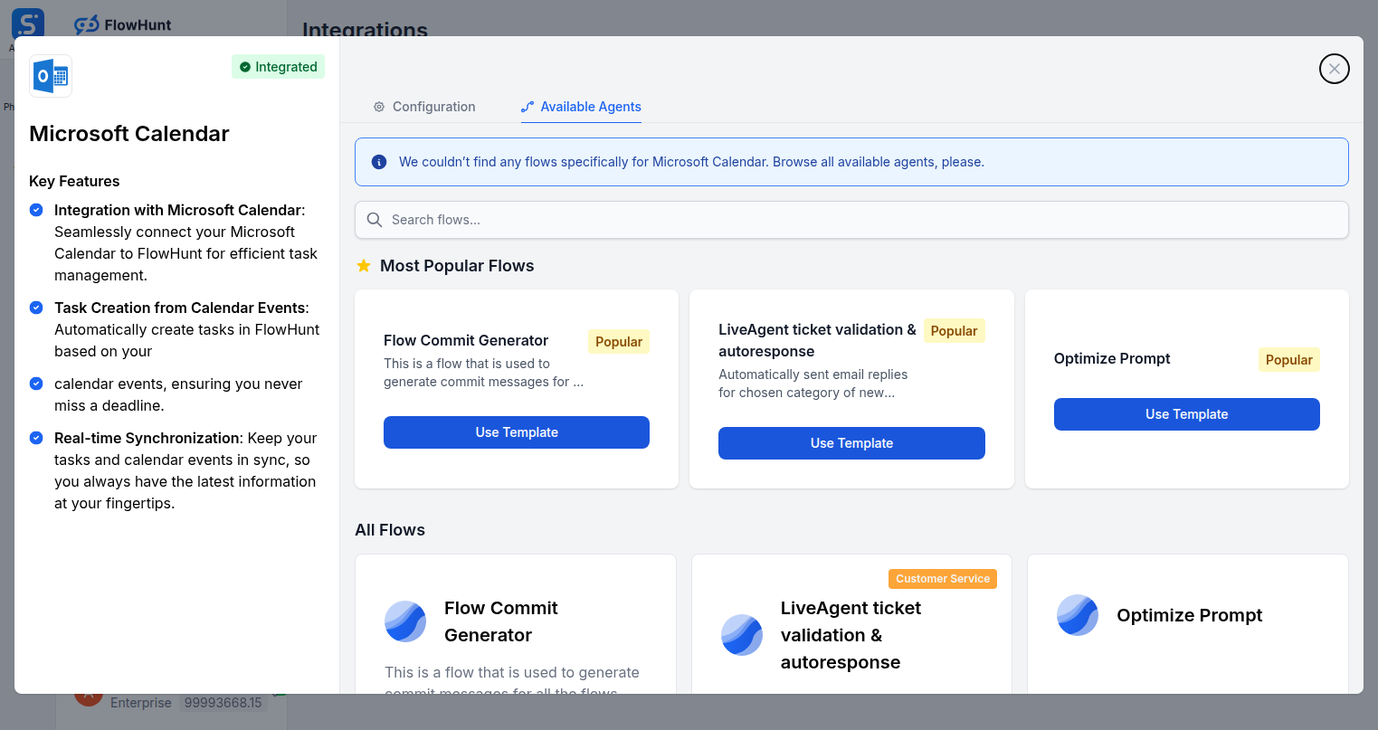 Available Agents tab showing Microsoft Calendar flows in FlowHunt