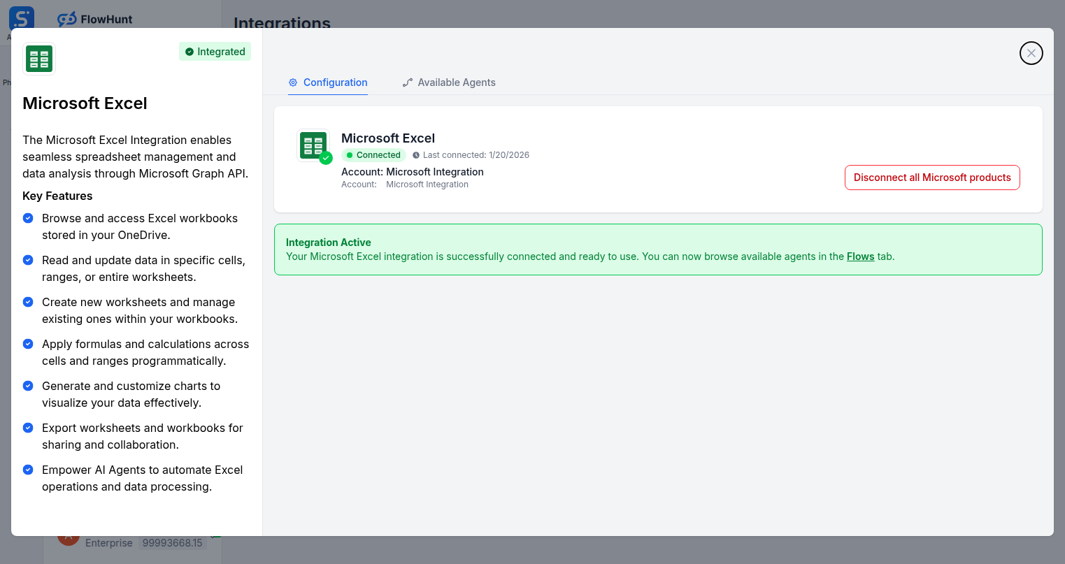 Microsoft Excel integration configuration tab in FlowHunt