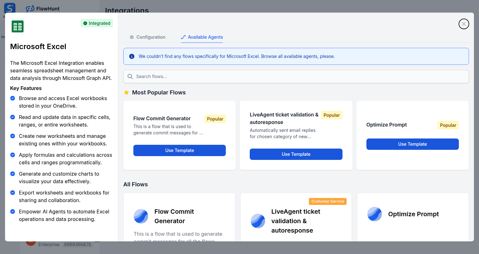 Available Agents tab showing Microsoft Excel flows in FlowHunt
