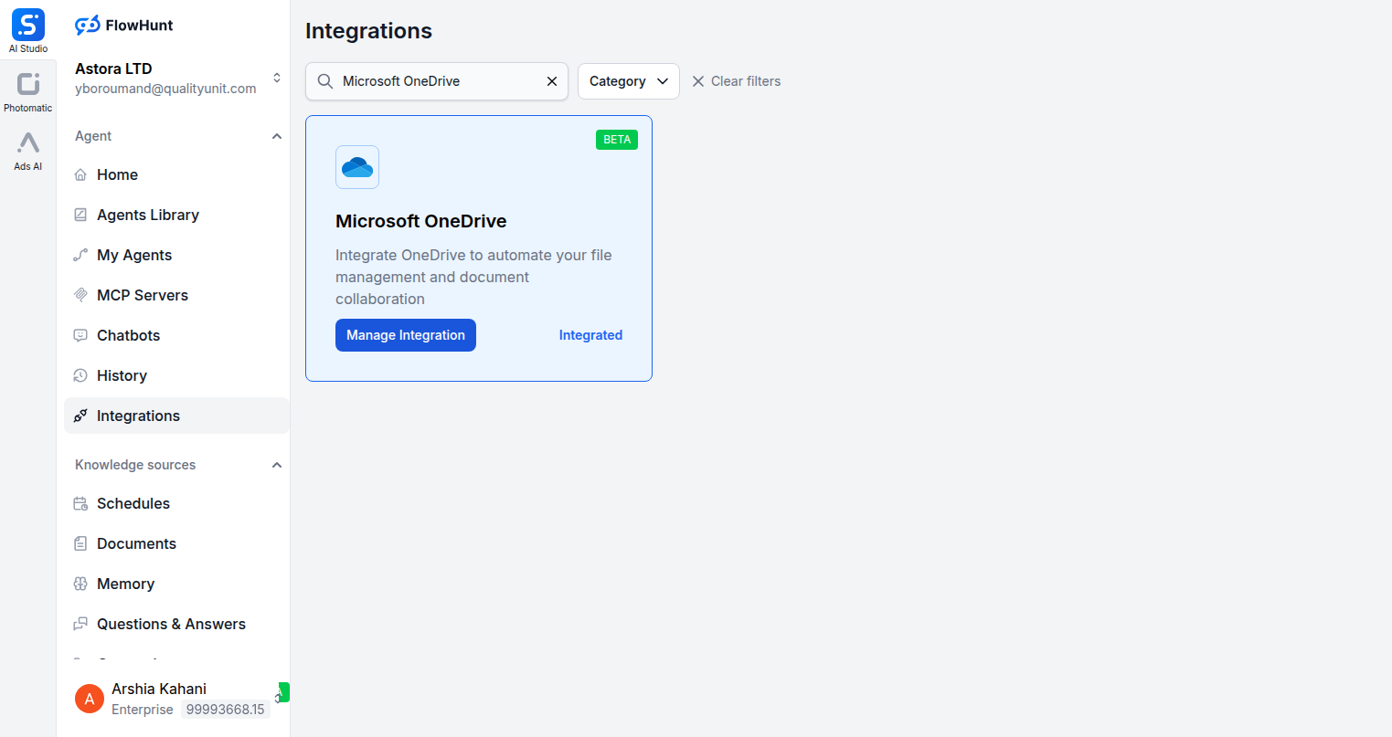 FlowHunt integrations page showing Microsoft OneDrive