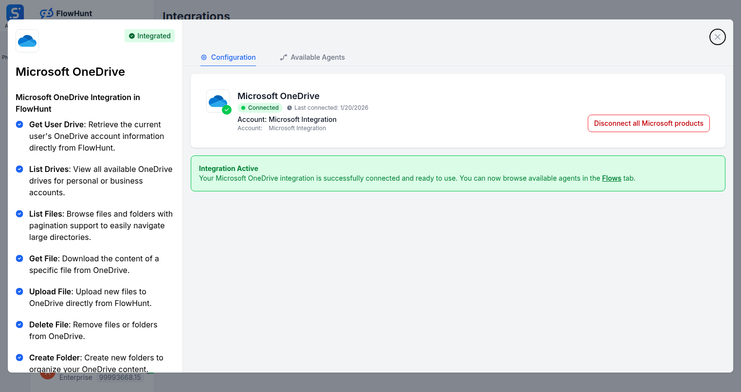 Microsoft OneDrive integration configuration tab in FlowHunt