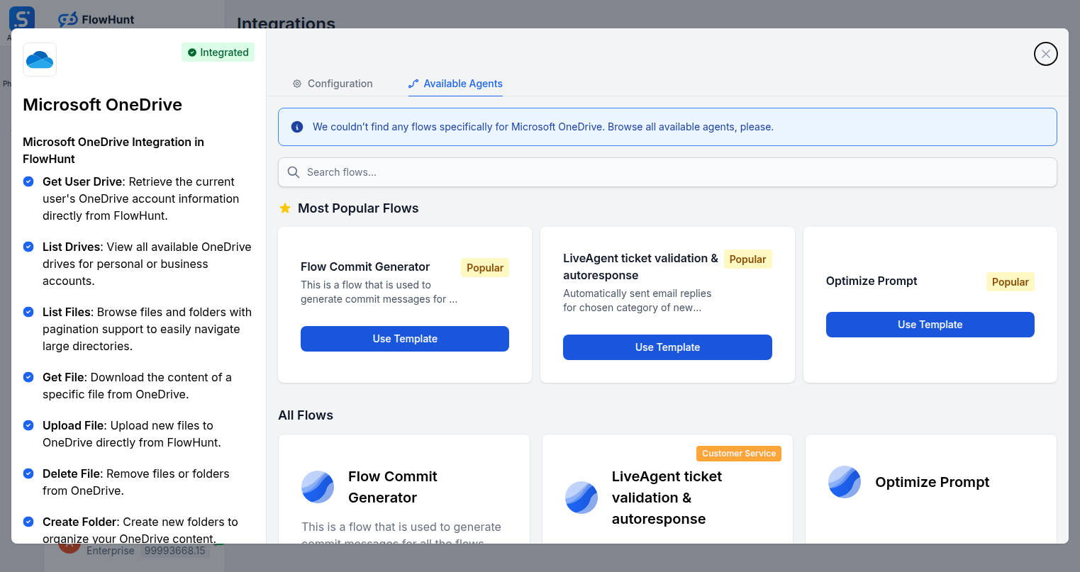 Available Agents tab showing OneDrive flows in FlowHunt