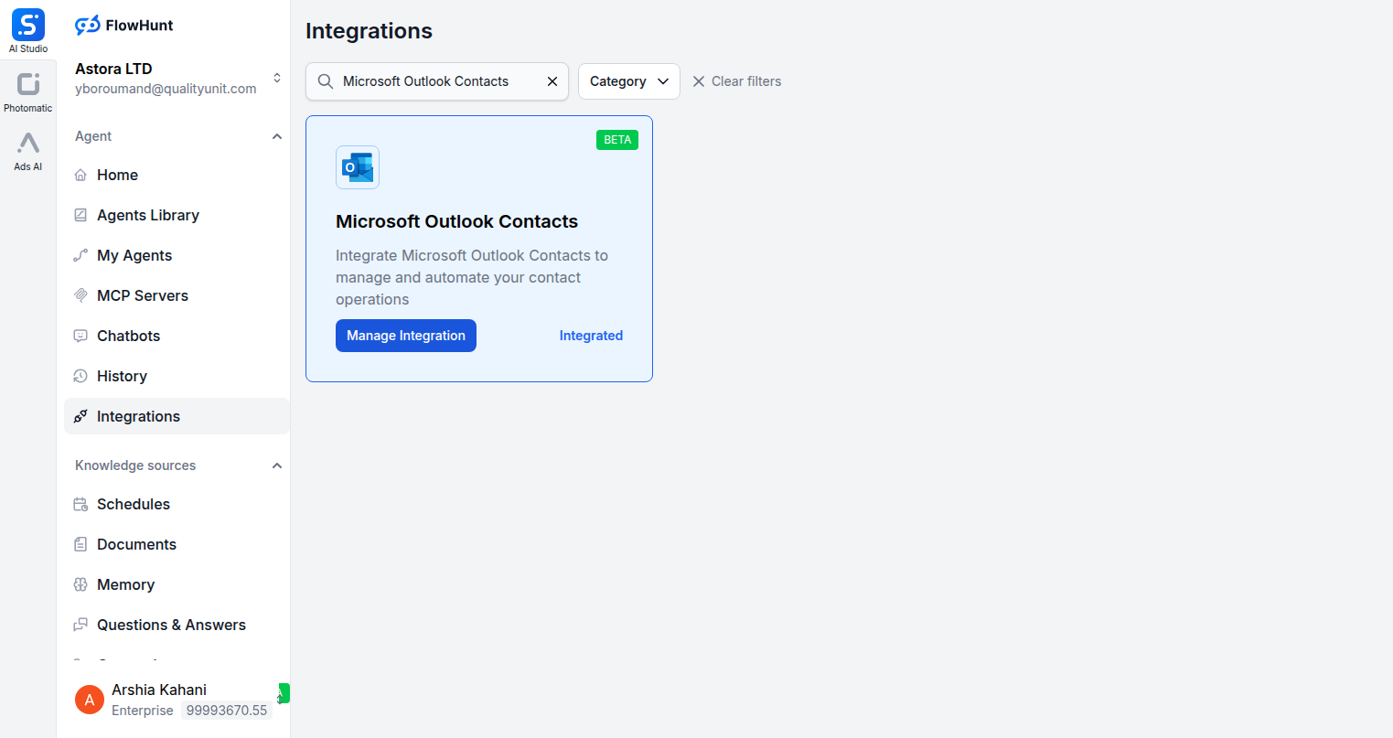 FlowHunt integrations page showing Microsoft Outlook Contacts