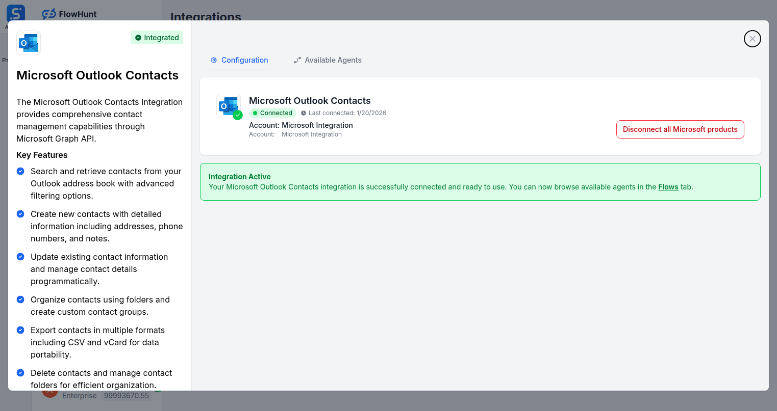 Microsoft Outlook Contacts integration configuration tab in FlowHunt