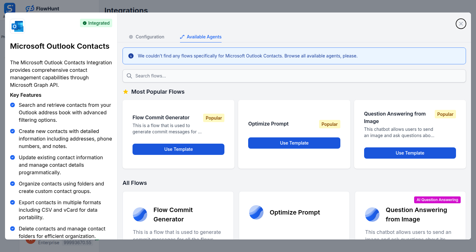 Available Agents tab showing Outlook flows in FlowHunt