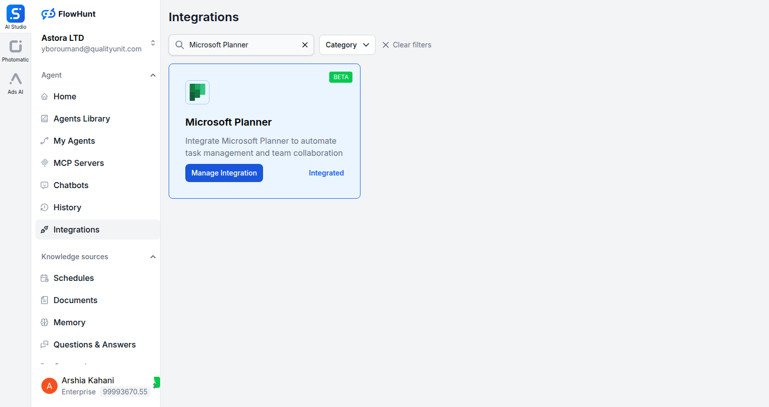 FlowHunt integrations page showing Microsoft Planner