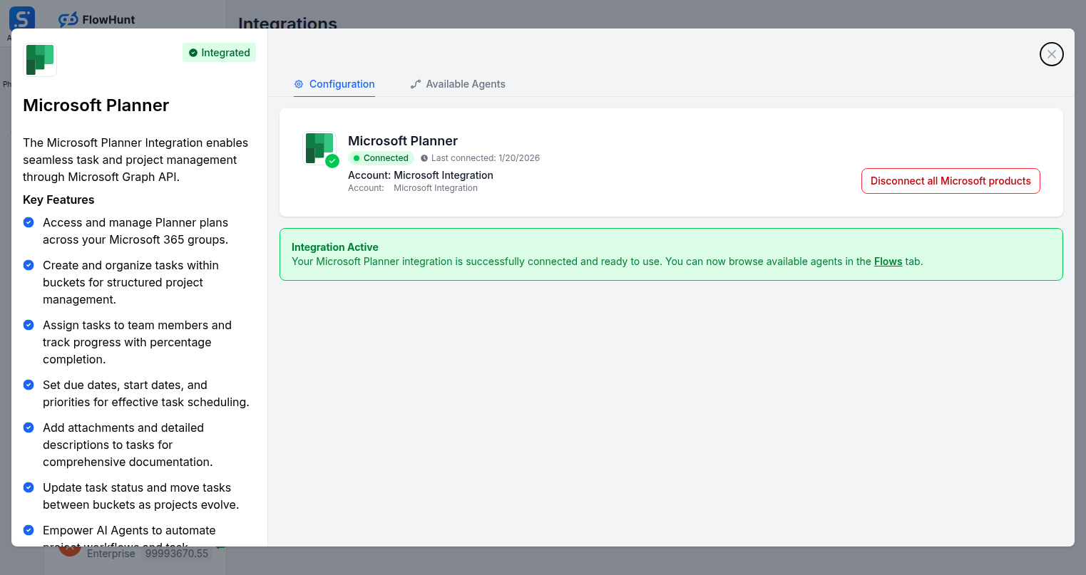 Microsoft Planner integration configuration tab in FlowHunt