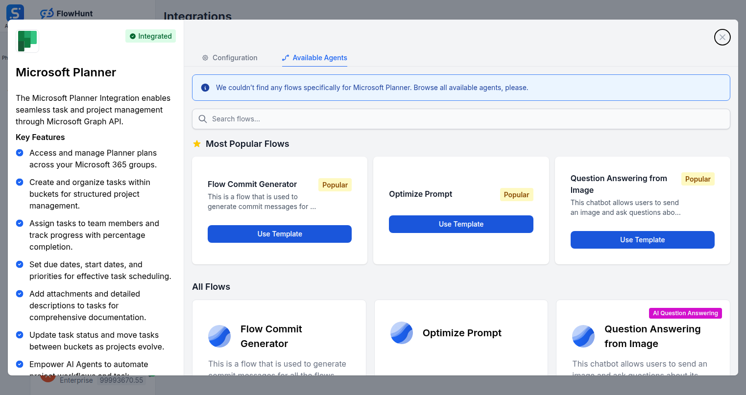 Available Agents tab showing Planner flows in FlowHunt