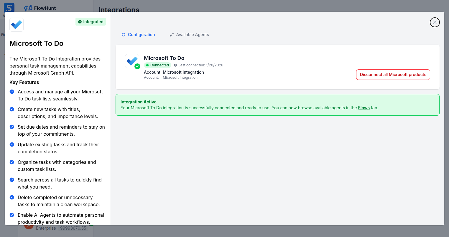 Microsoft To Do integration configuration tab in FlowHunt