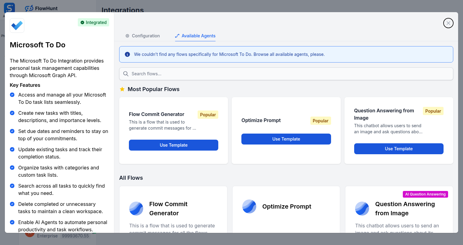 Available Agents tab showing Microsoft To Do flows in FlowHunt