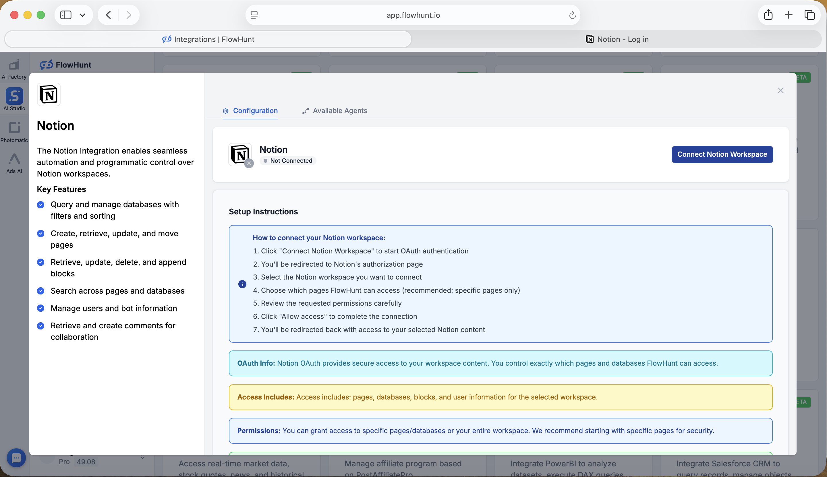 FlowHunt Notion 集成对话框显示 Connect Notion Workspace 按钮和设置说明
