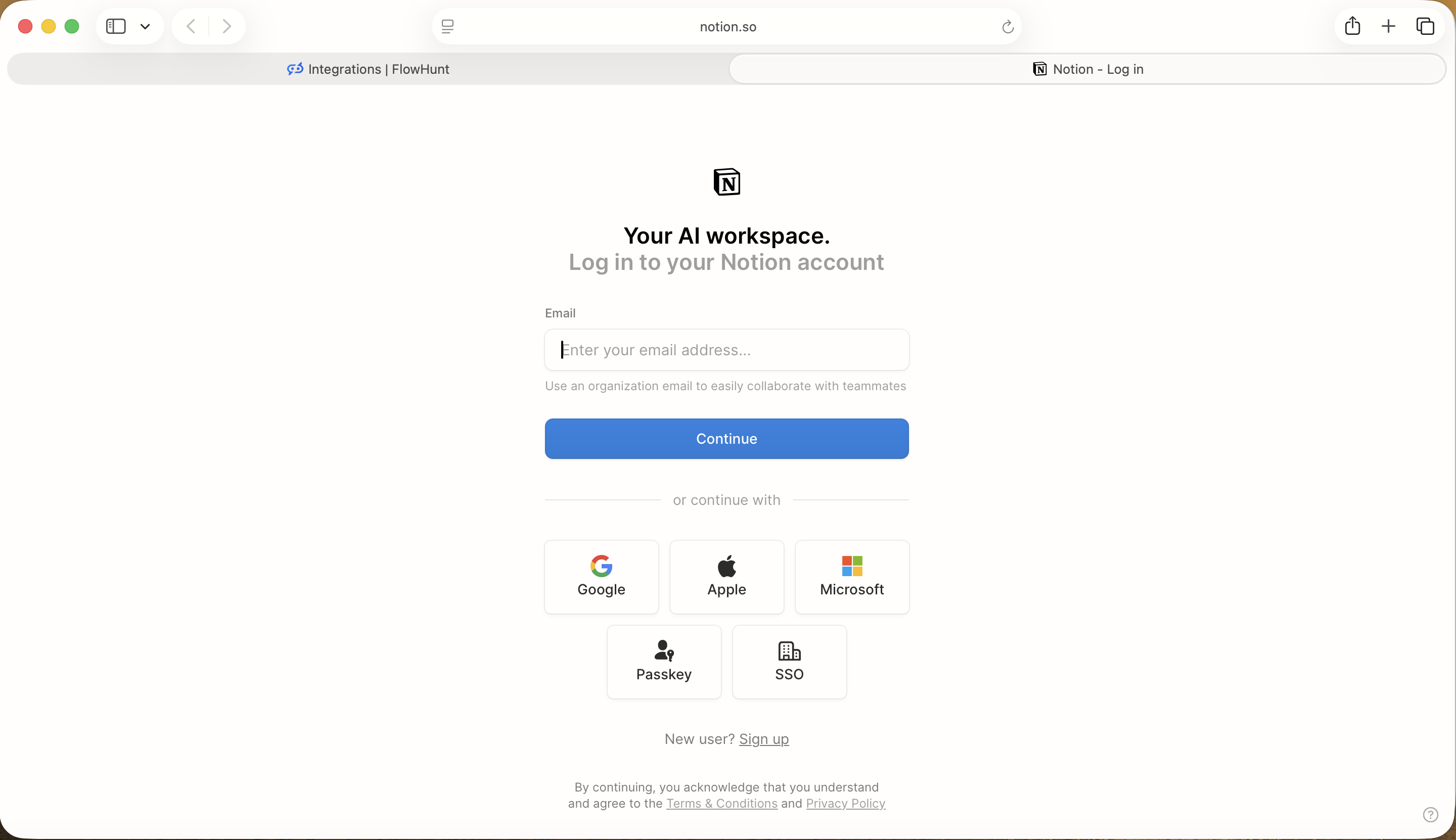 在 FlowHunt 中点击 Connect 后显示的 Notion 登录页面,包含邮箱字段和 SSO 选项