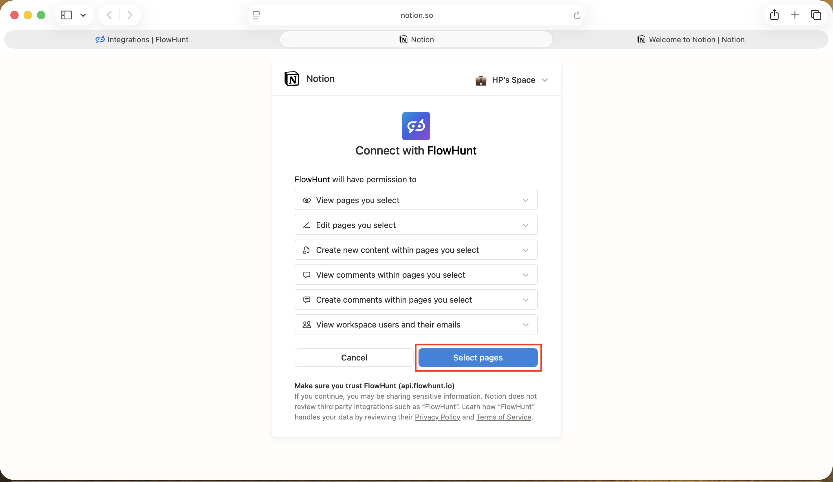 Notion OAuth 授权屏幕显示 FlowHunt 权限,Select pages 按钮被突出显示