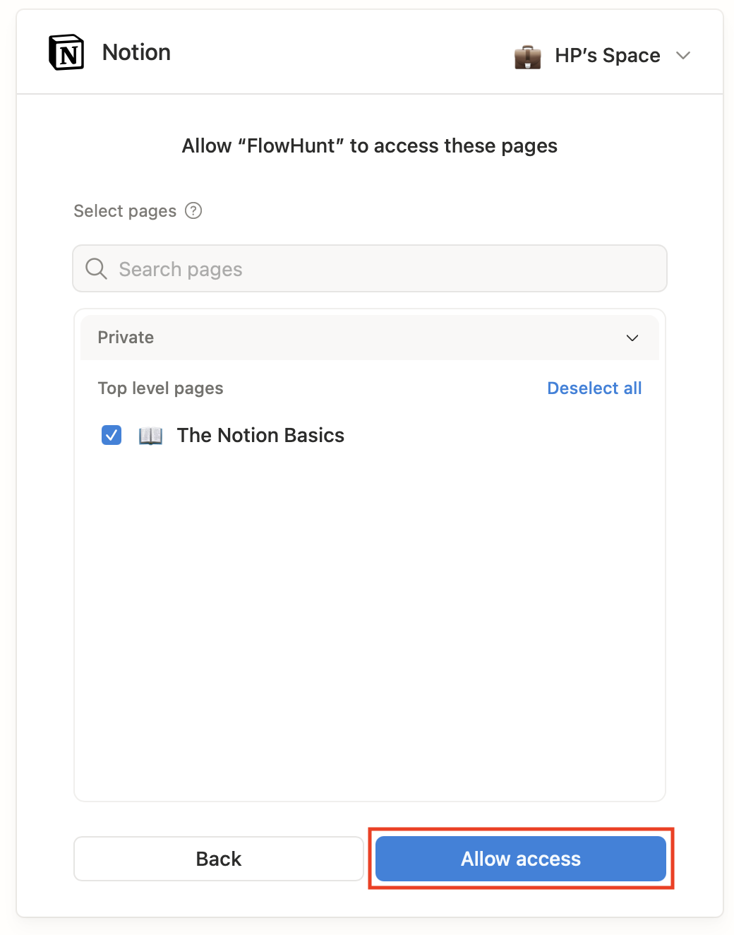 Notion 页面选择器显示要授予 FlowHunt 访问权限的页面,Allow access 按钮被突出显示