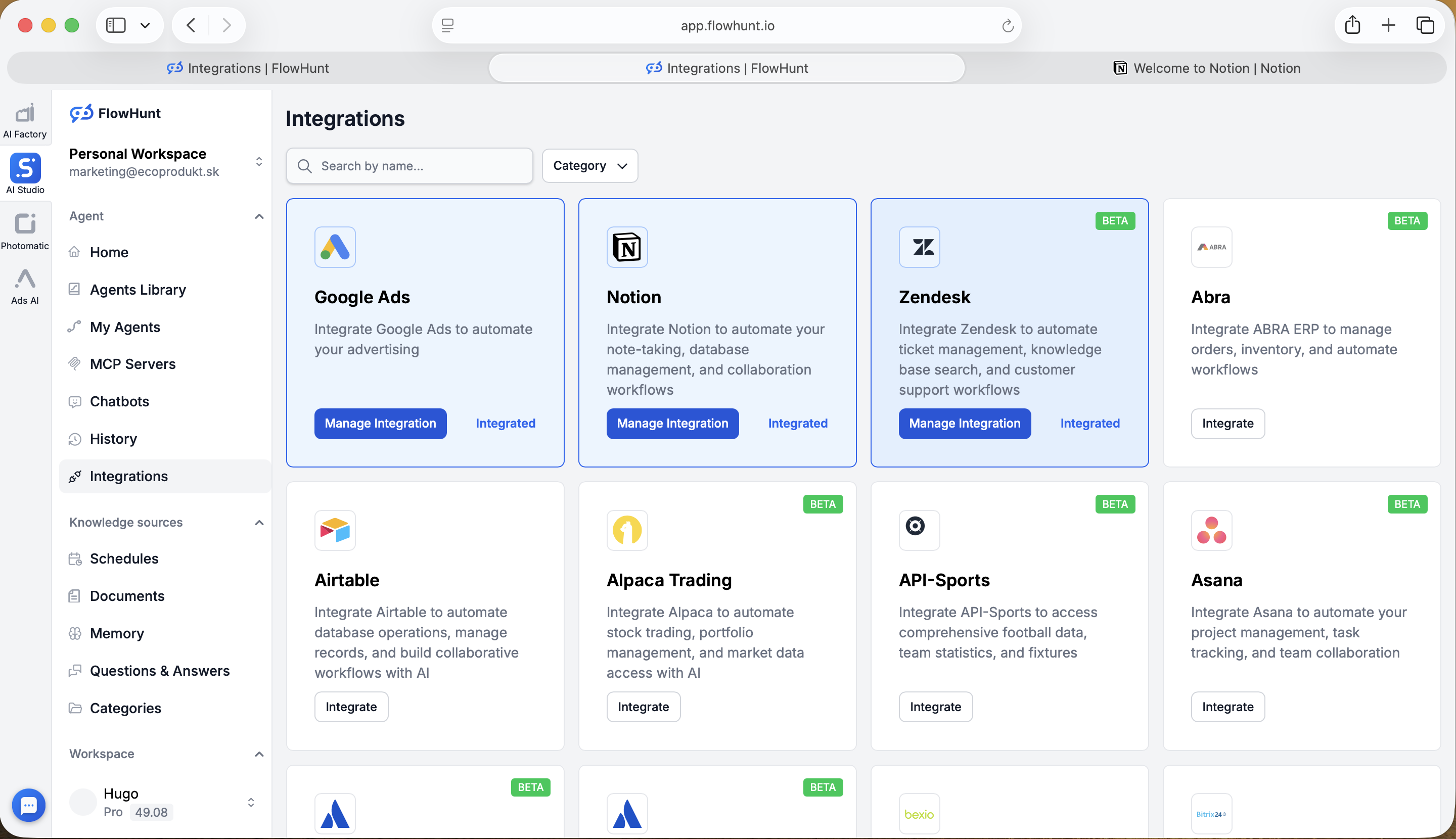 FlowHunt Integrations 页面显示 Notion 处于 Integrated 状态并带有 Manage Integration 按钮