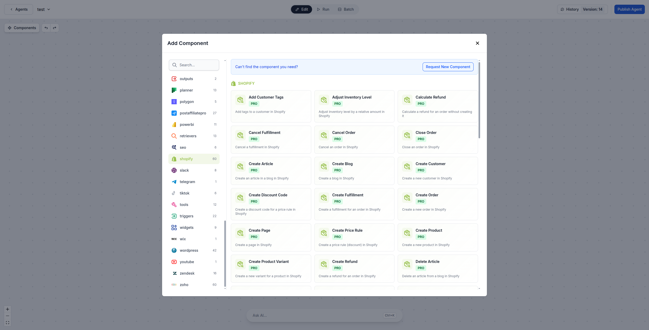 FlowHunt flow builder showing all 60 available Shopify components