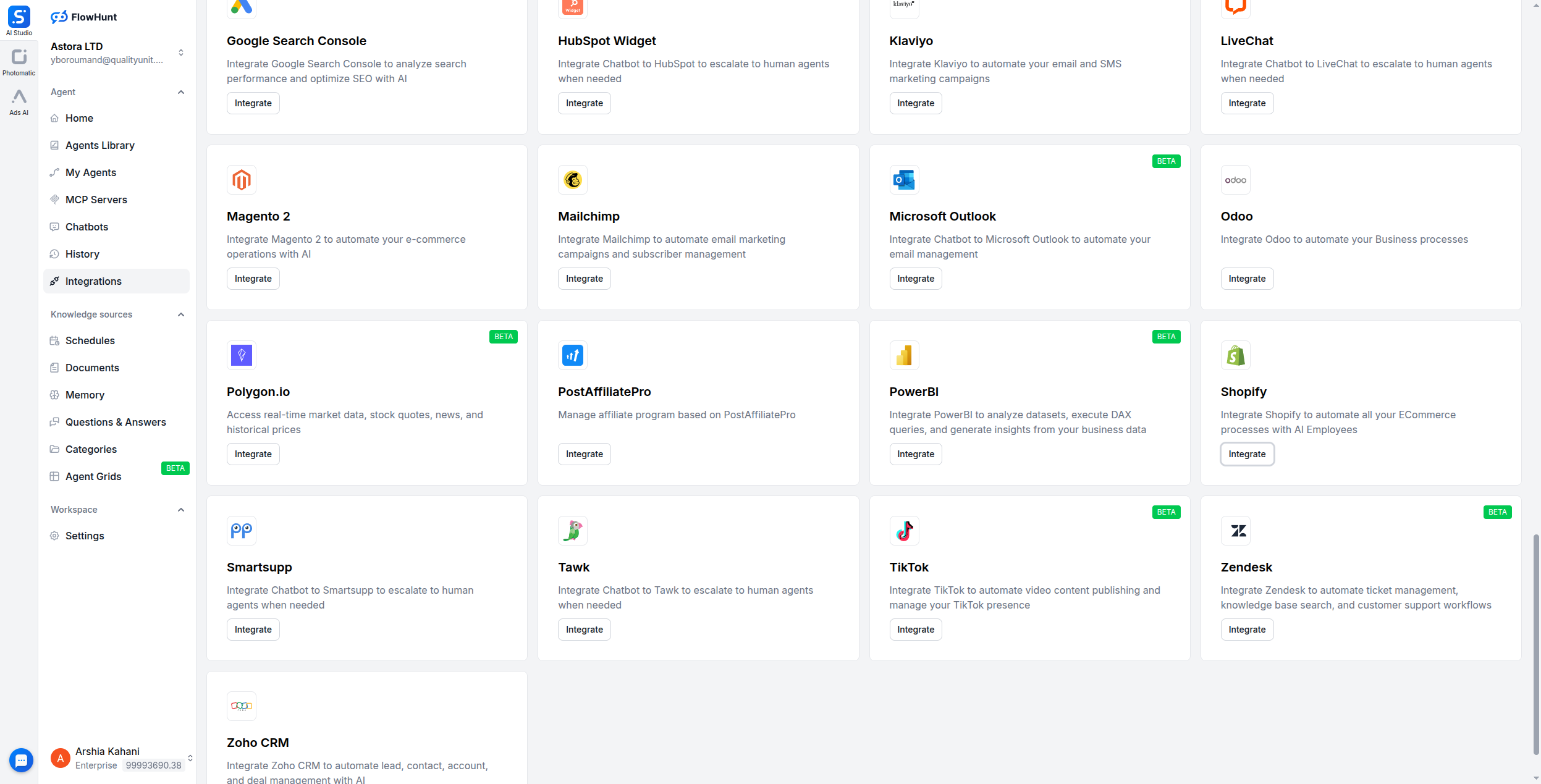 FlowHunt Integrations page showing the Shopify integration card with the Integrate button