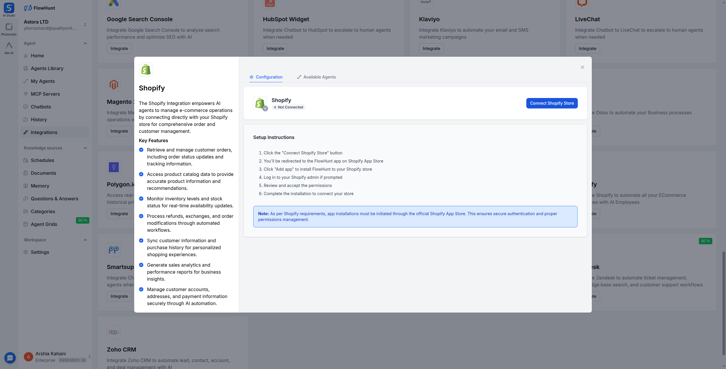 FlowHunt Shopify integration dialog showing the Connect Shopify Store button and setup instructions